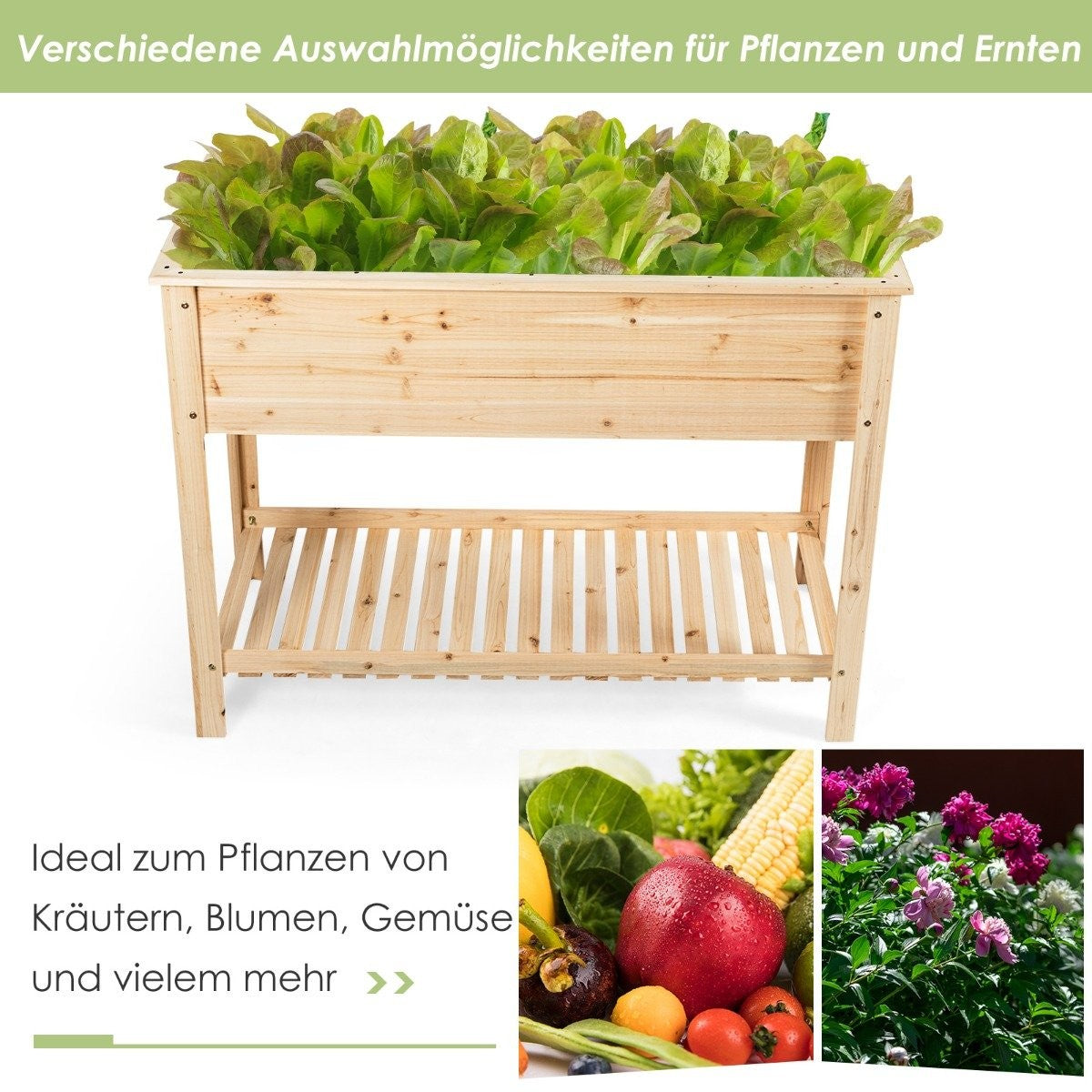 Wooden planter raised bed with storage shelf for growing plants 92 x 41 x 81 cm