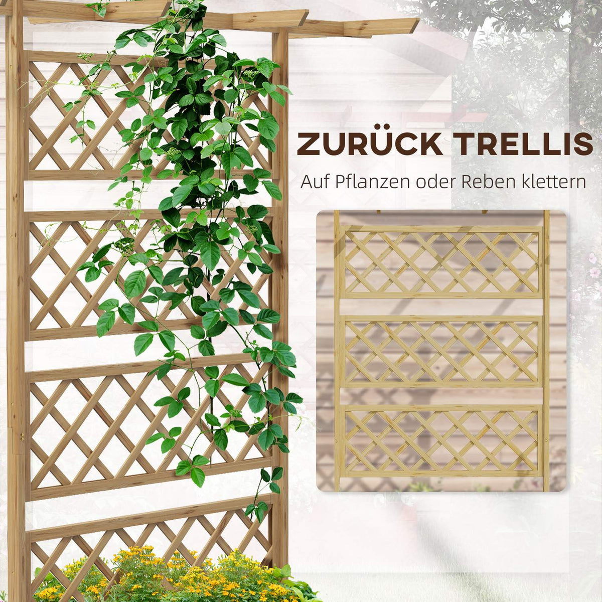 Wooden raised bed, garden bed with roof, plant bed with trellis for climbing plants, cold frame for garden, balcony, 160 x 55 x 183 cm natural wood
