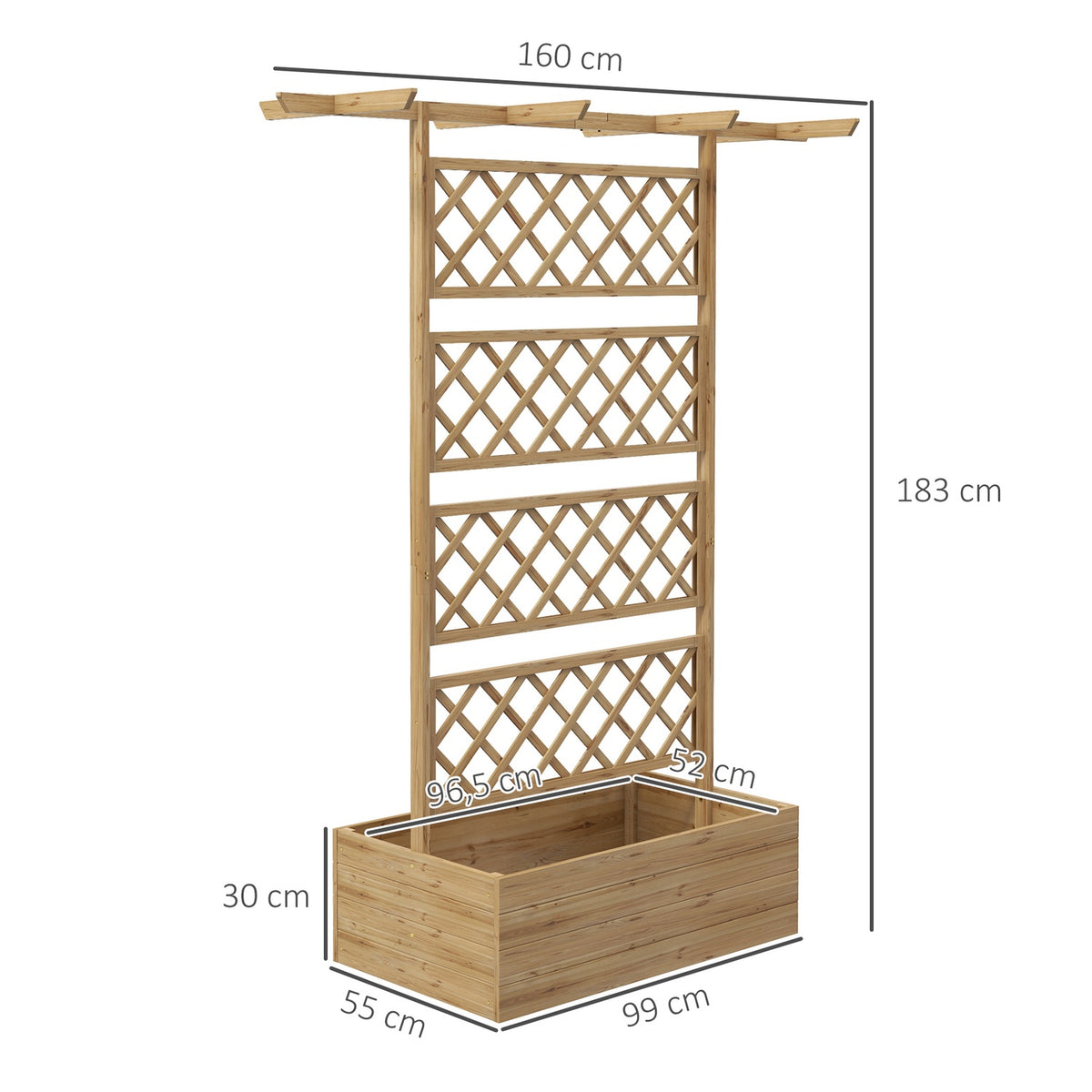 Wooden raised bed, garden bed with roof, plant bed with trellis for climbing plants, cold frame for garden, balcony, 160 x 55 x 183 cm natural wood