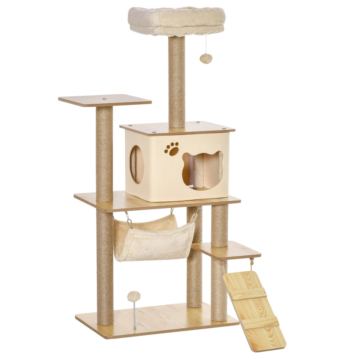 Wooden scratching post, cat tree for cats, climbing tree with cat cave, jute trunks, play balls, yellow, 60x40x130cm
