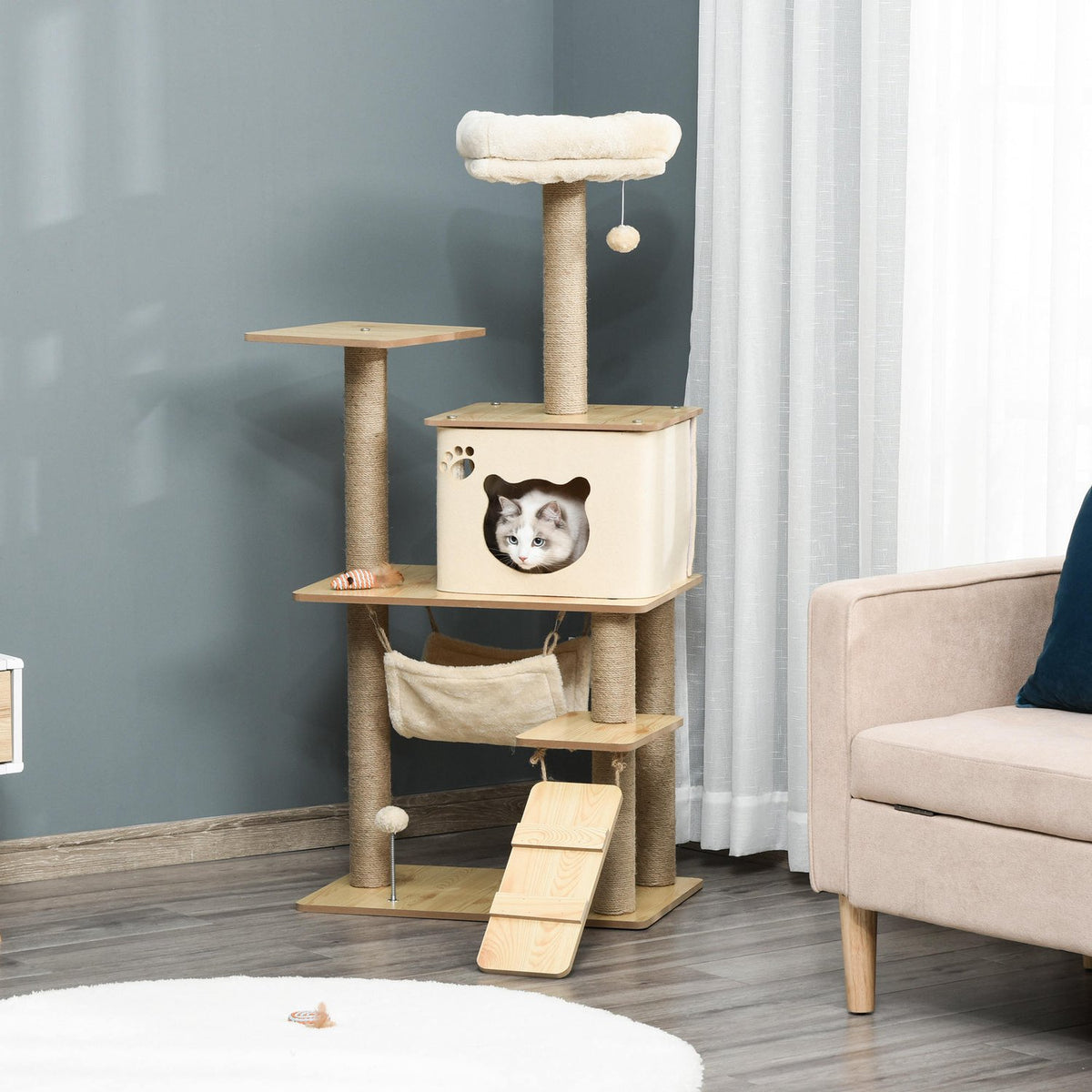 Wooden scratching post, cat tree for cats, climbing tree with cat cave, jute trunks, play balls, yellow, 60x40x130cm