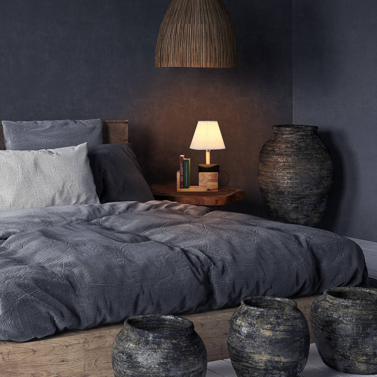 Wooden table lamp with USB socket