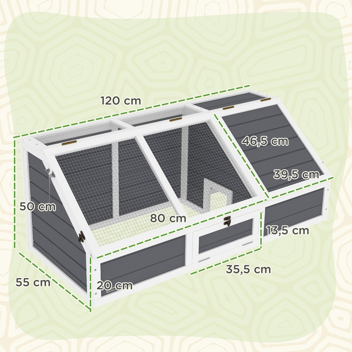 Wooden turtle house, turtle enclosure with two main houses, hinged top, key, outdoor reptile cage for small animals 120 x 55 x 50 cm, light gray