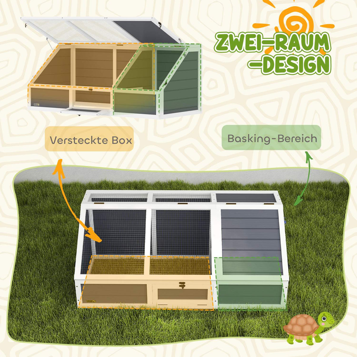 Wooden turtle house, turtle enclosure with two main houses, hinged top, key, outdoor reptile cage for small animals 120 x 55 x 50 cm, light gray