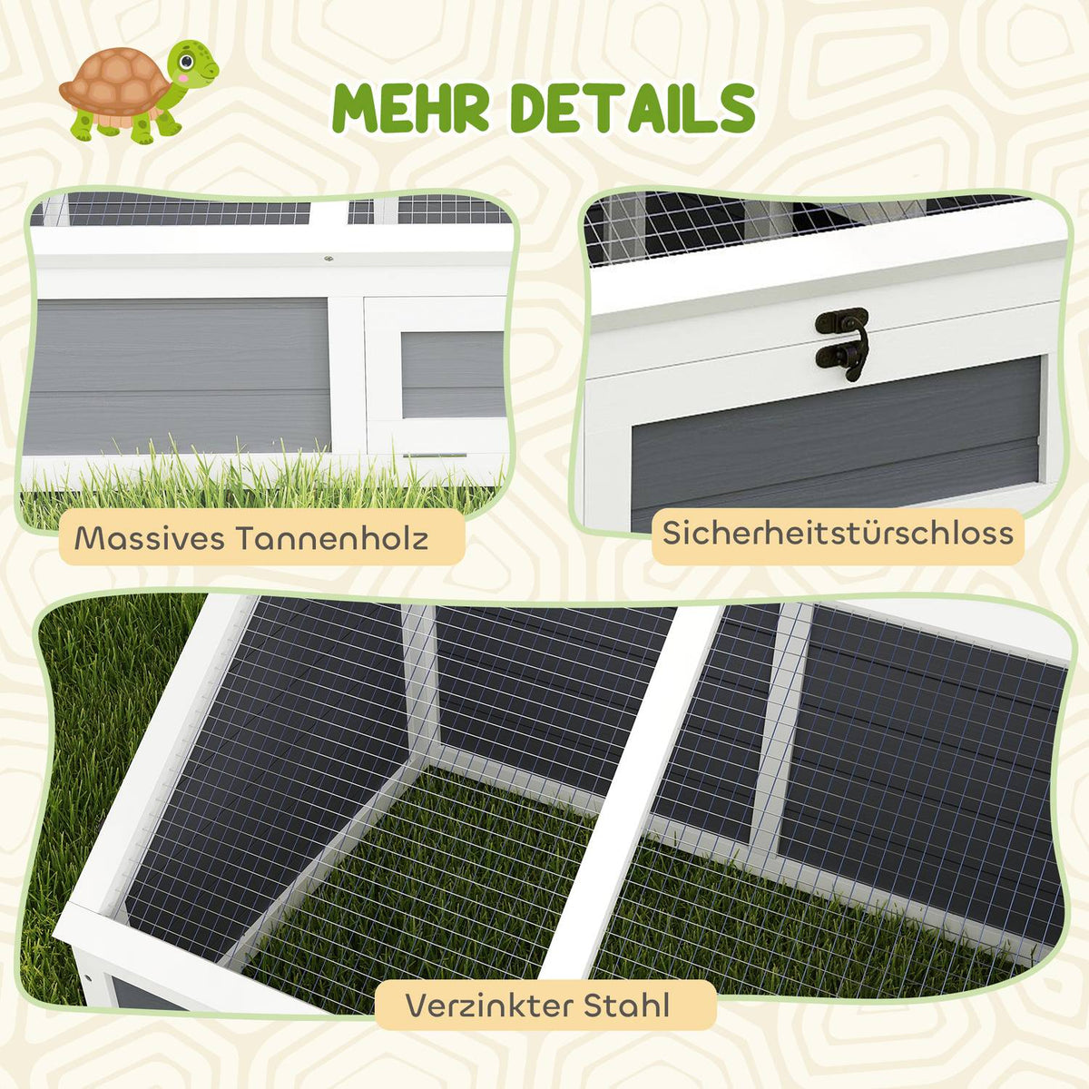Wooden turtle house, turtle enclosure with two main houses, hinged top, key, outdoor reptile cage for small animals 120 x 55 x 50 cm, light gray