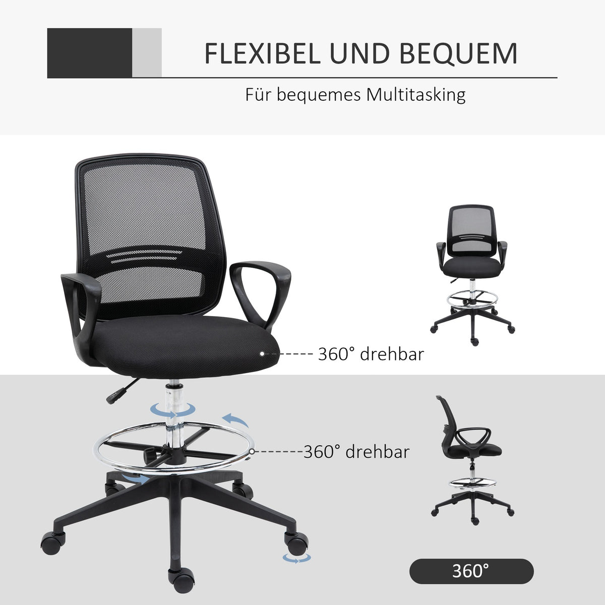 Work Chair Ergonomic Swivel Chair, Office Chair, Height-Adjustable Standing Aid, Footrest, Metal, Black, 59.5X60X102.5-126Cm