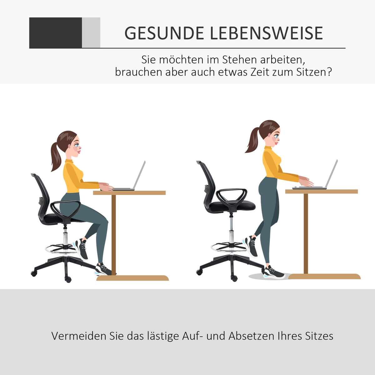 Work Chair Ergonomic Swivel Chair, Office Chair, Height-Adjustable Standing Aid, Footrest, Metal, Black, 59.5X60X102.5-126Cm
