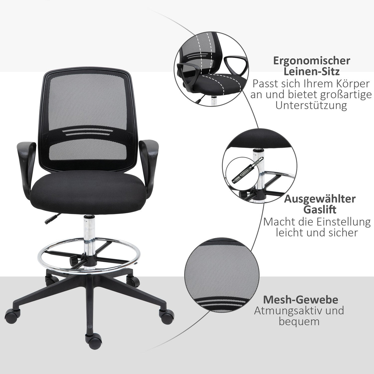 Work Chair Ergonomic Swivel Chair, Office Chair, Height-Adjustable Standing Aid, Footrest, Metal, Black, 59.5X60X102.5-126Cm