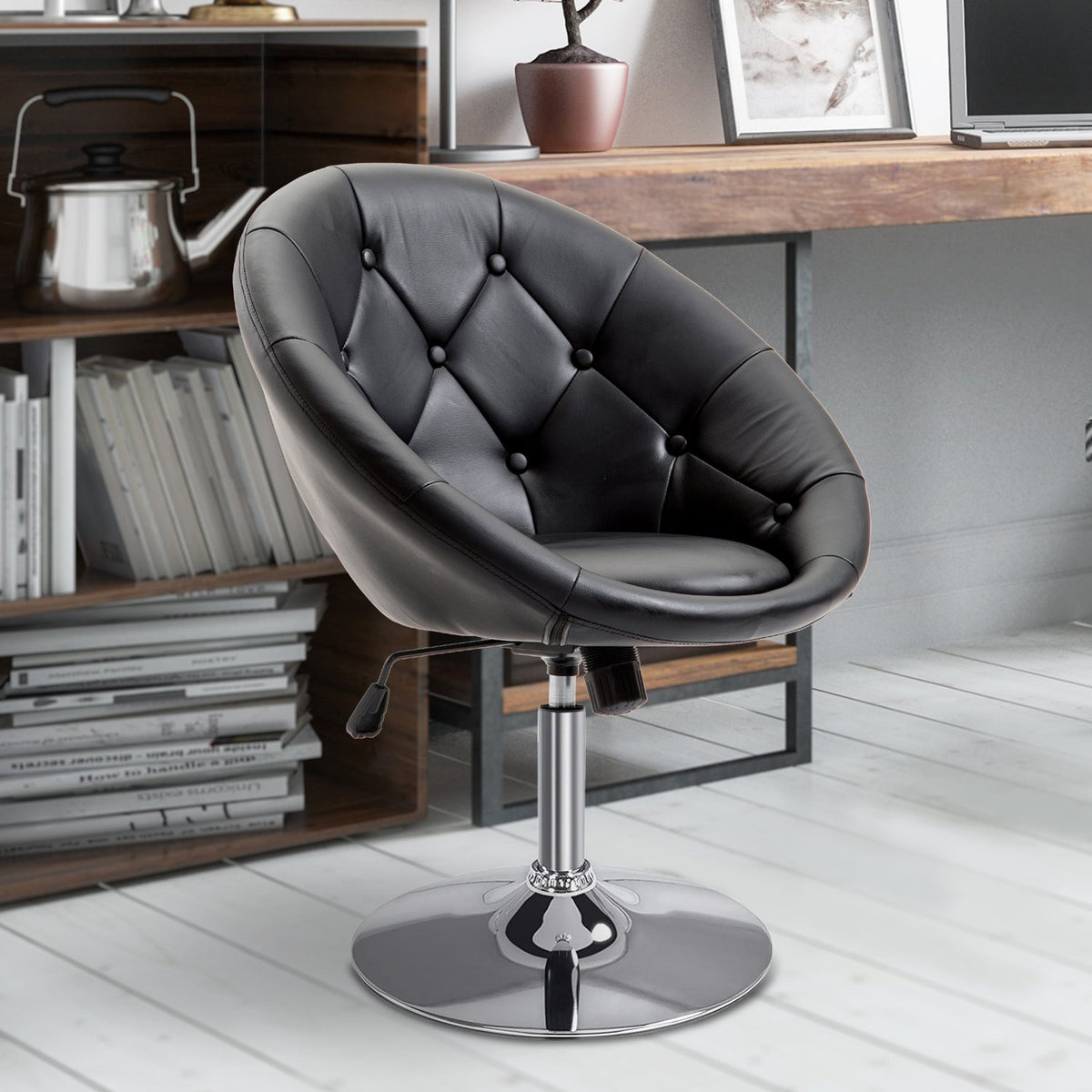 Work Stool Height Adjustable Swivel Chair, Office Chair, Pu & Steel, Black/White, 59X71X78-90Cm