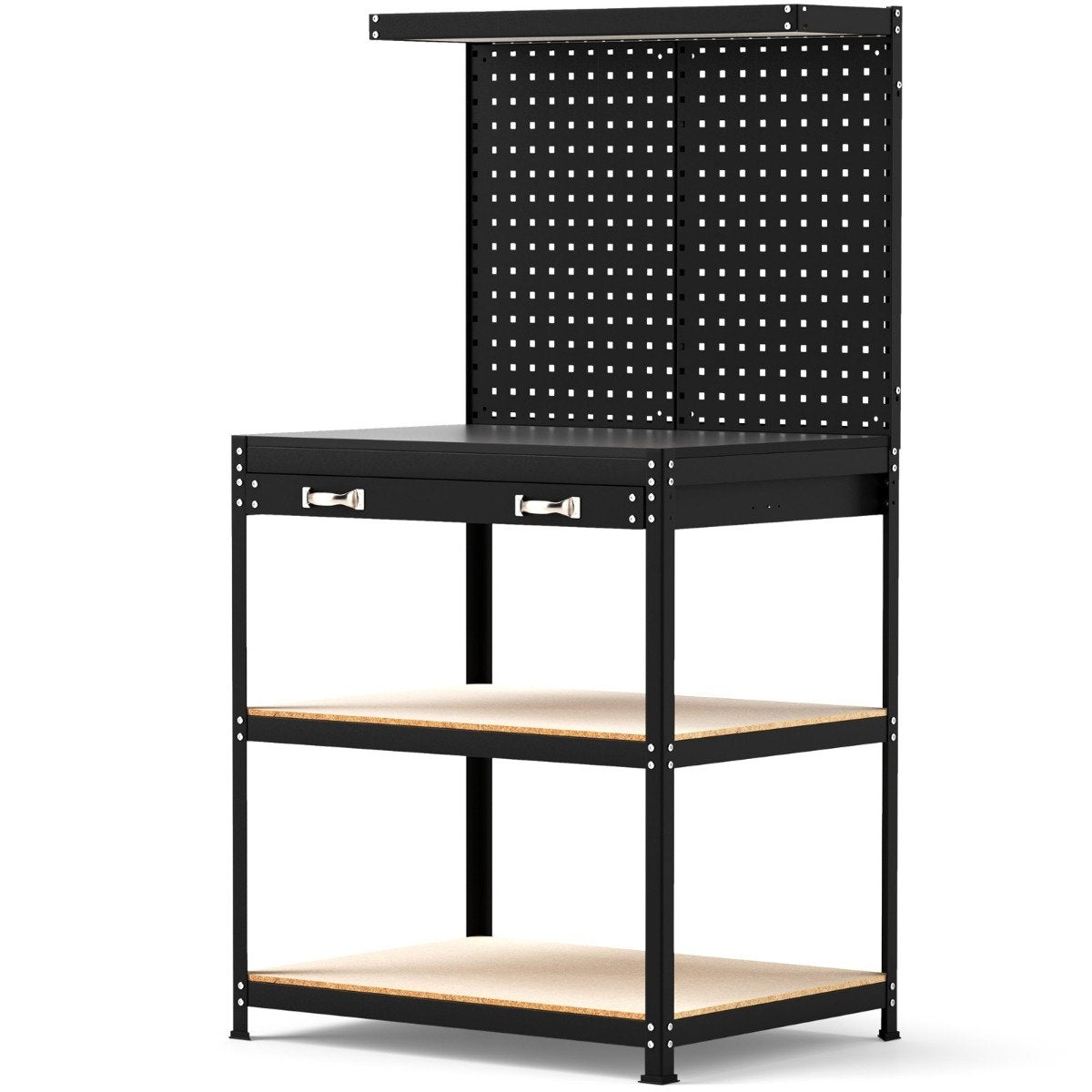 Workbench 81 x 41 cm 225 kg load capacity work table with perforated wall & Drawers & shelves black