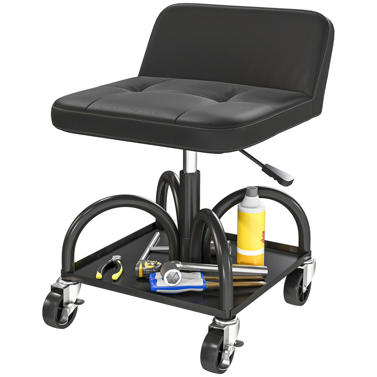 Workshop stool with castors, storage area, 58.5 cm high, rolling stool, load capacity up to 135 kg, black