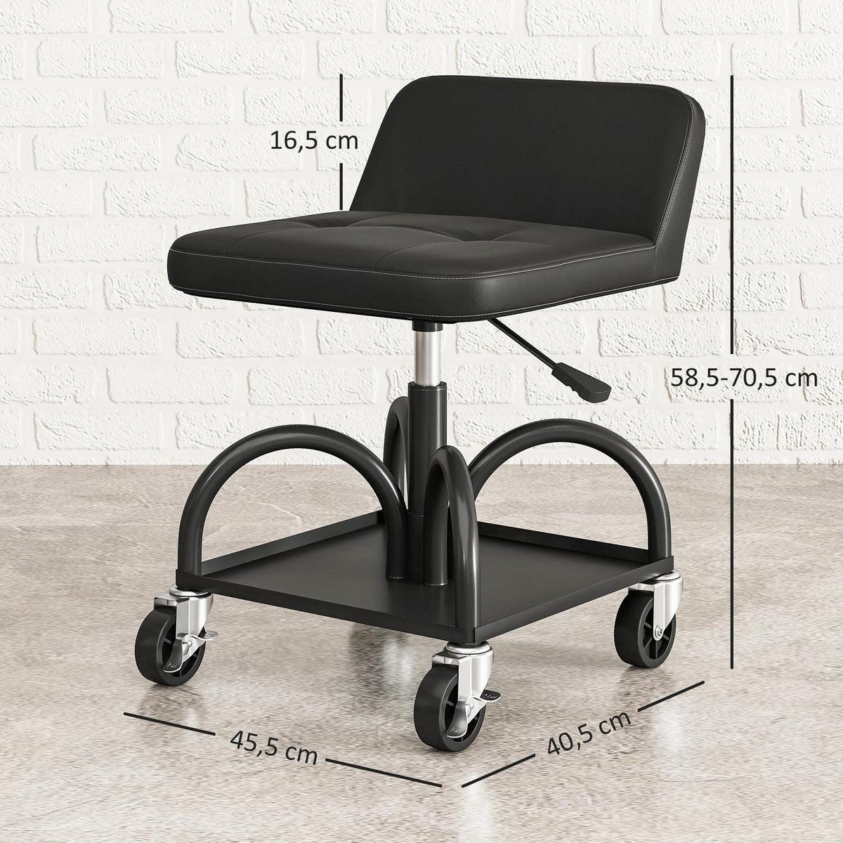 Workshop stool with castors, storage area, 58.5 cm high, rolling stool, load capacity up to 135 kg, black
