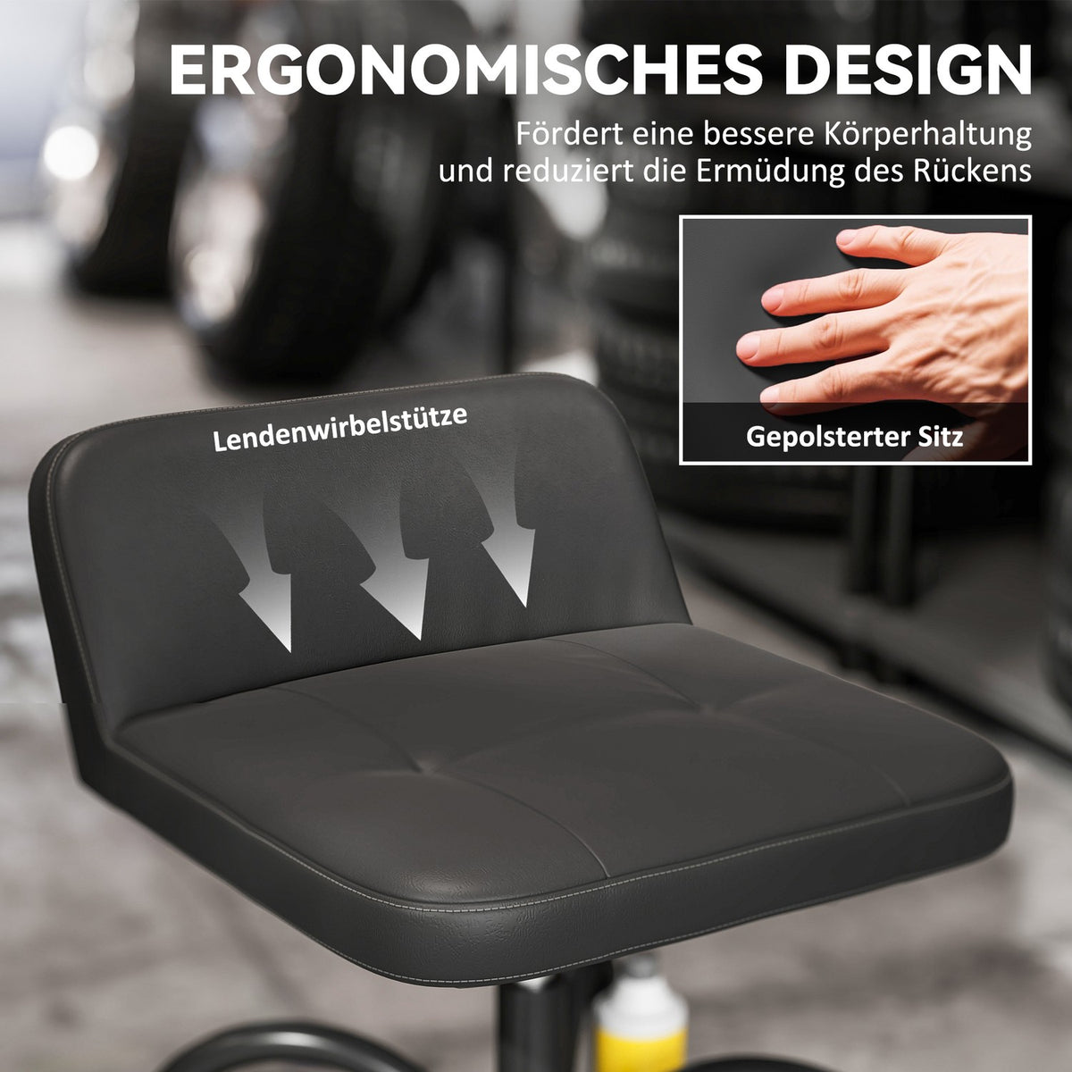 Workshop stool with castors, storage area, 58.5 cm high, rolling stool, load capacity up to 135 kg, black