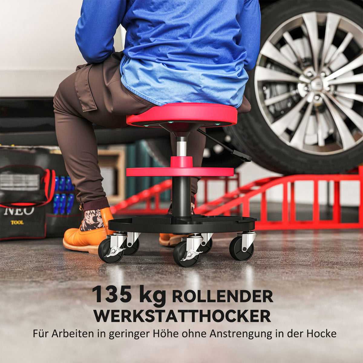 Workshop stool with castors, trays, height adjustable 40-51cm, rolling stool, load capacity up to 135 kg, red