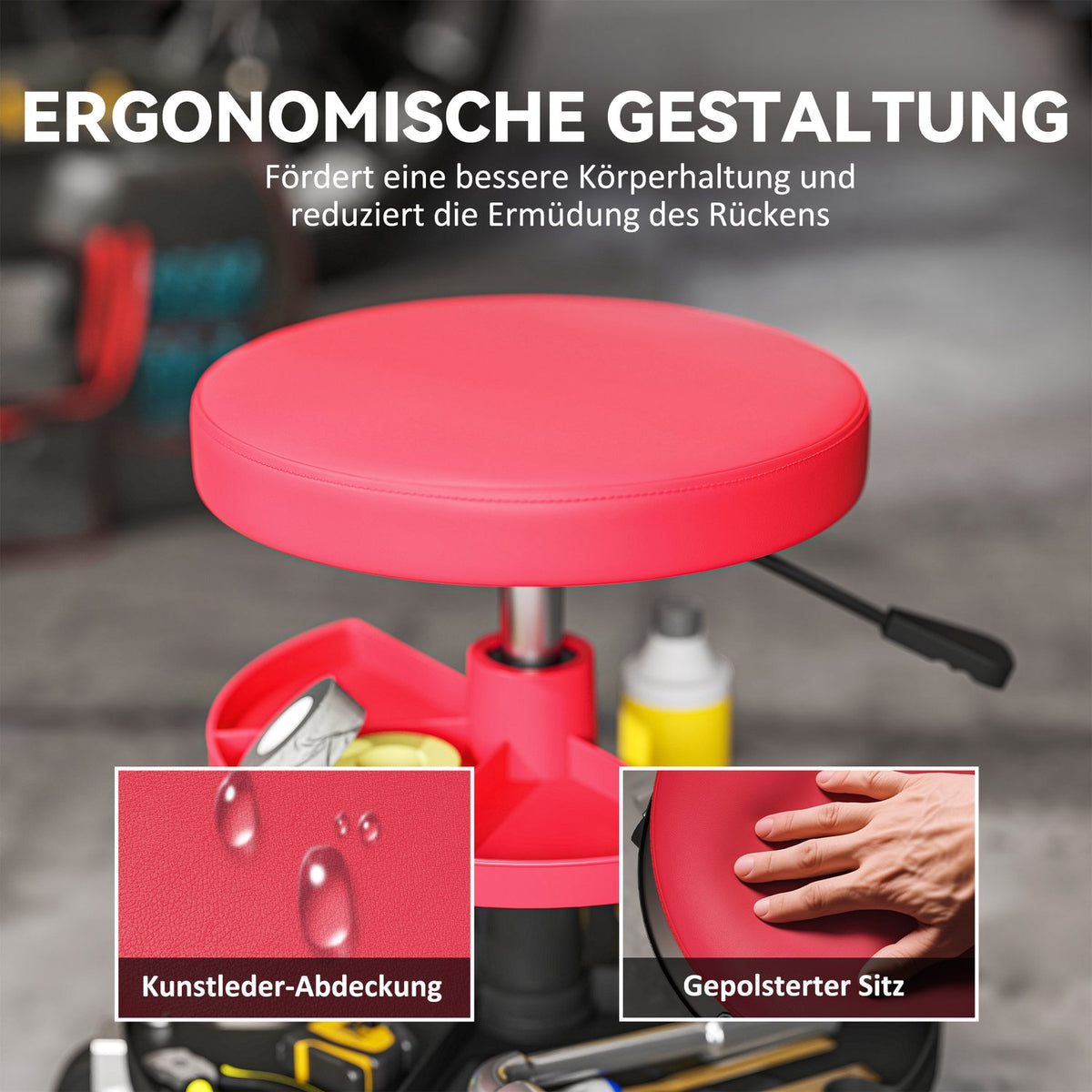 Workshop stool with castors, trays, height adjustable 40-51cm, rolling stool, load capacity up to 135 kg, red