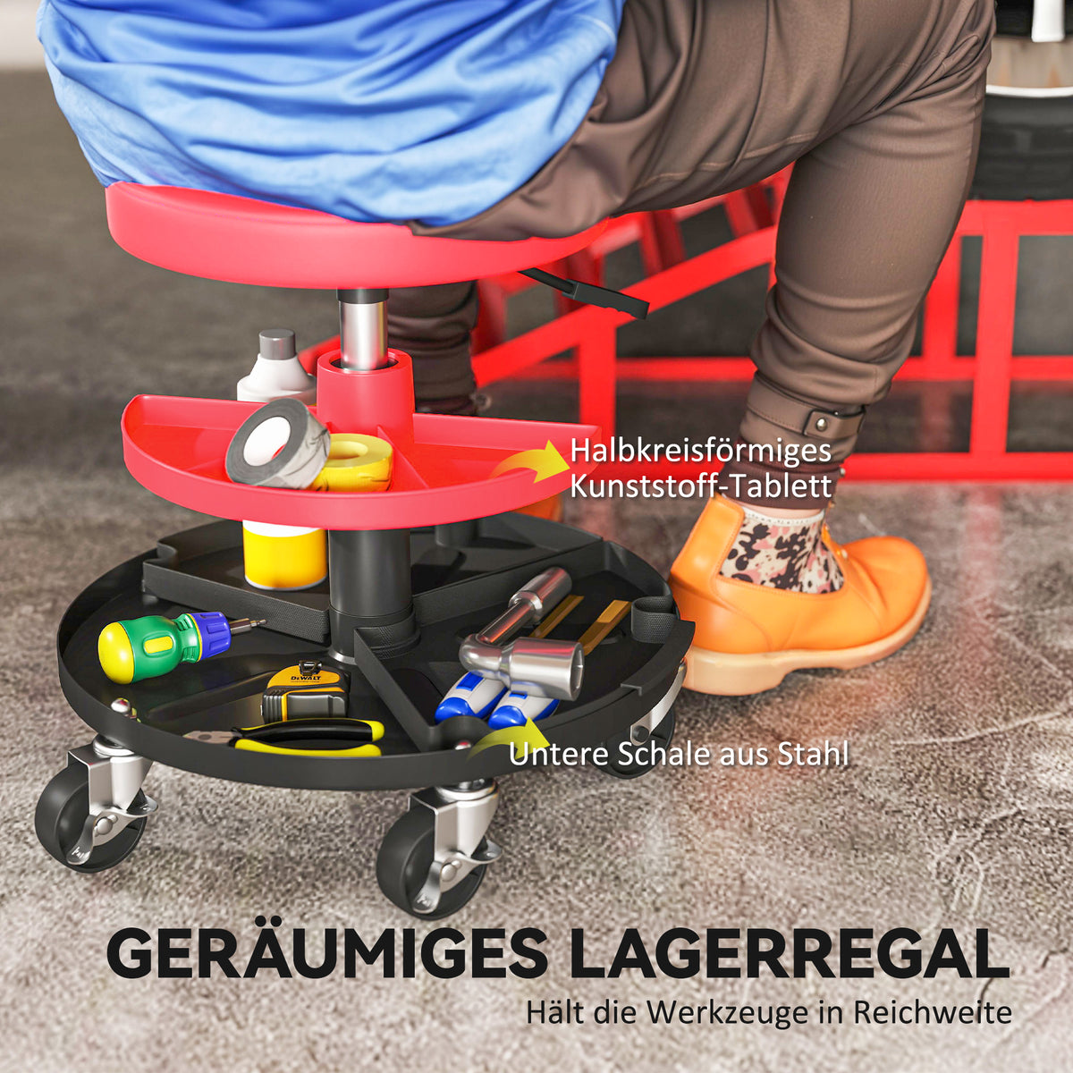 Workshop stool with castors, trays, height adjustable 40-51cm, rolling stool, load capacity up to 135 kg, red