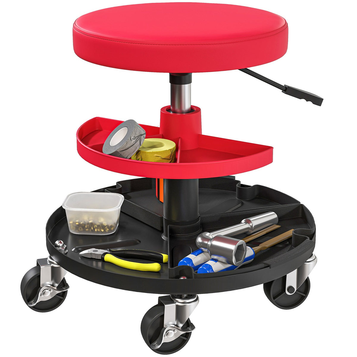 Workshop stool with castors, trays, height adjustable 40-51cm, rolling stool, load capacity up to 135 kg, red