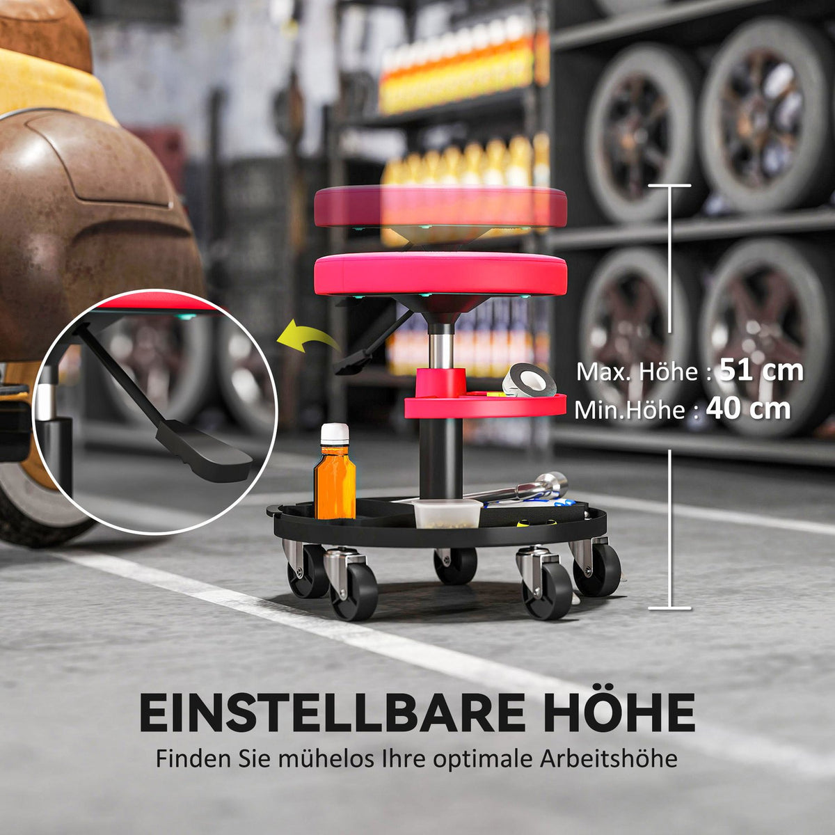Workshop stool with castors, trays, height adjustable 40-51cm, rolling stool, load capacity up to 135 kg, red