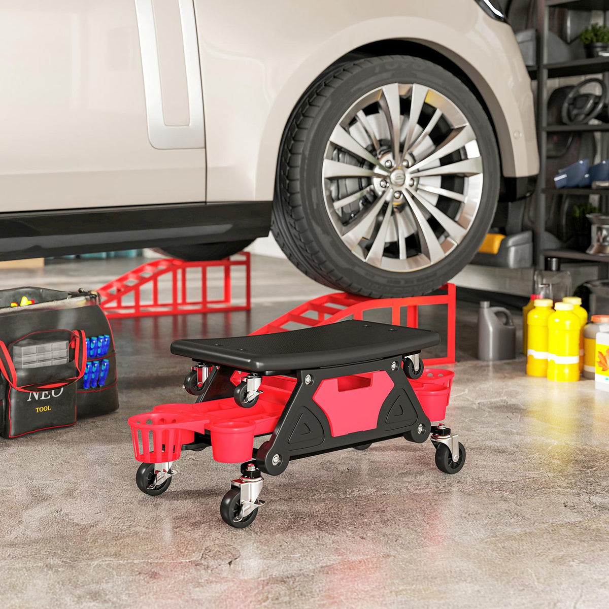 Workshop stool with removable castors, seat, storage area, 33cm high, rolling stool, load capacity up to 135 kg, red