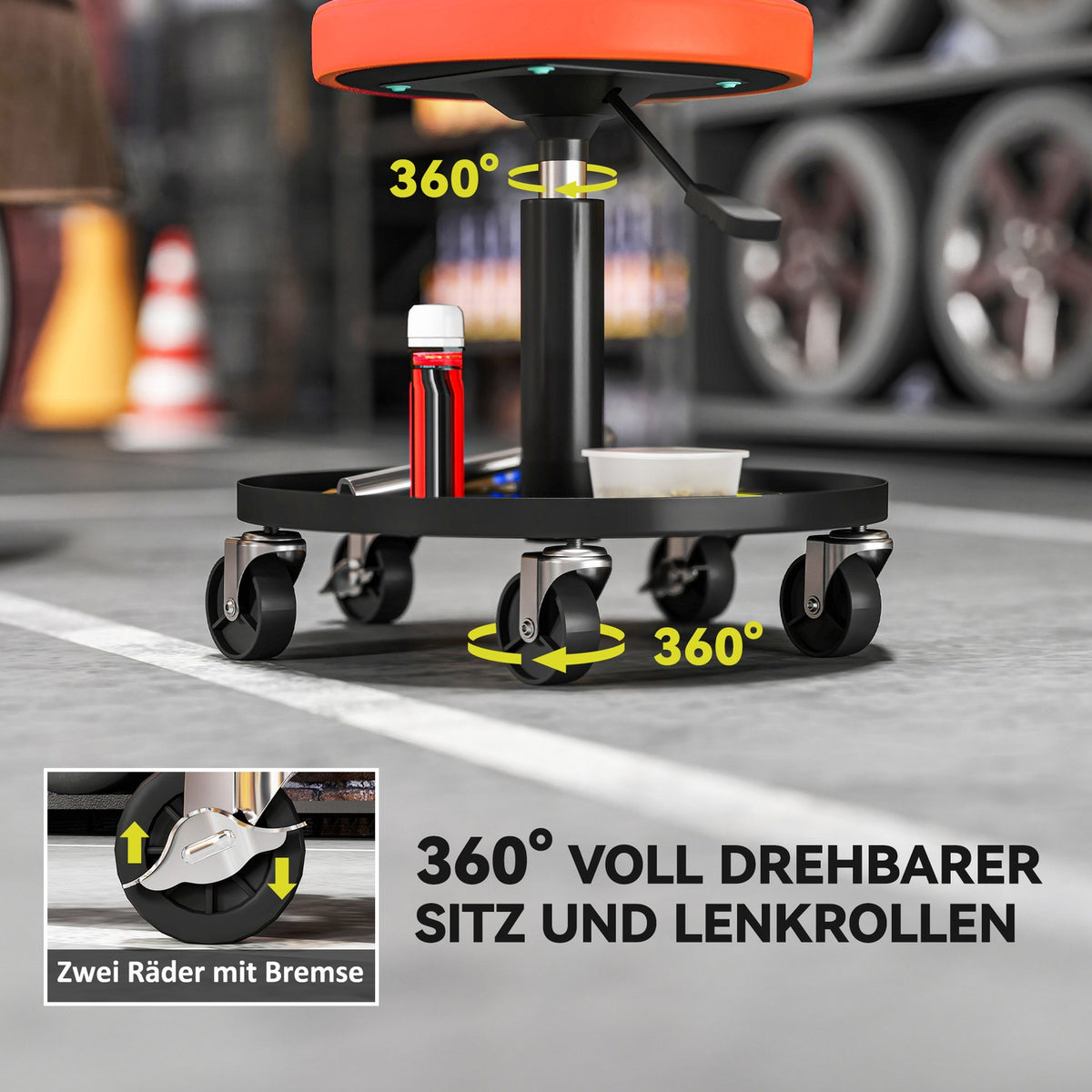 Workshop stool with wheels, height adjustable from 38-50cm, load capacity up to 135 kg, Orange