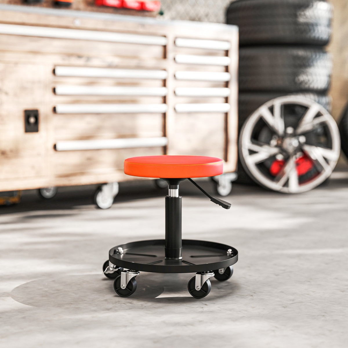 Workshop stool with wheels, height adjustable from 38-50cm, load capacity up to 135 kg, Orange