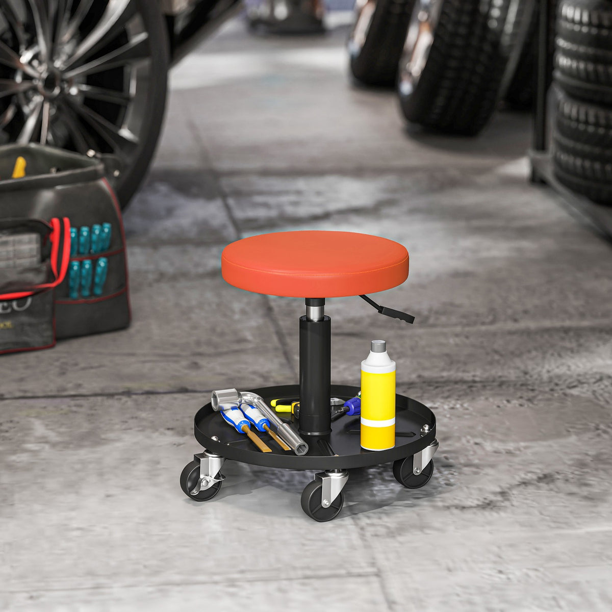 Workshop stool with wheels, height adjustable from 38-50cm, load capacity up to 135 kg, Orange