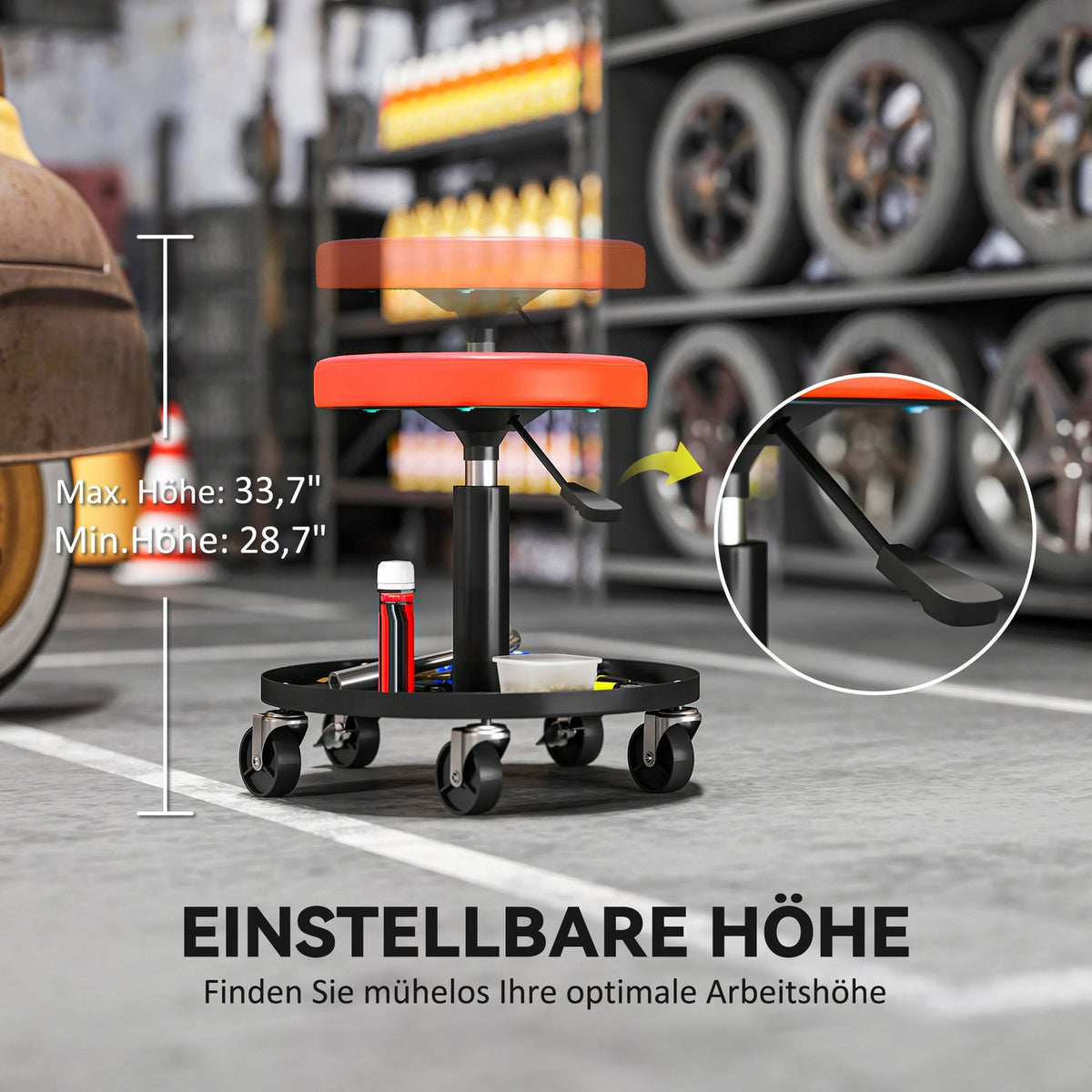 Workshop stool with wheels, height adjustable from 38-50cm, load capacity up to 135 kg, Orange