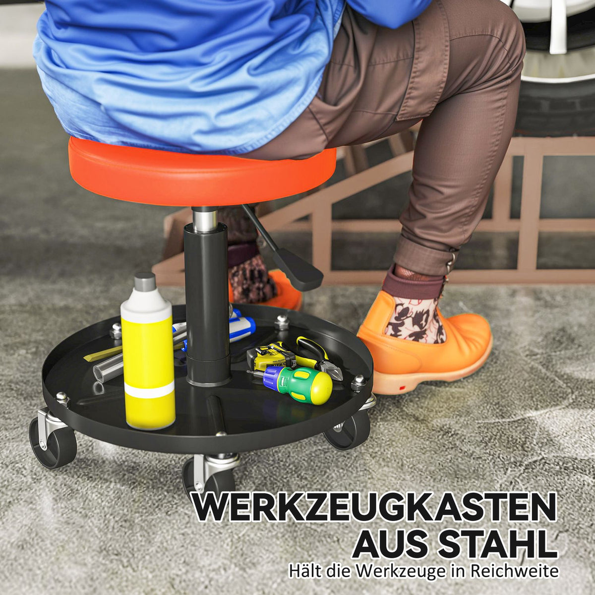 Workshop stool with wheels, height adjustable from 38-50cm, load capacity up to 135 kg, Orange