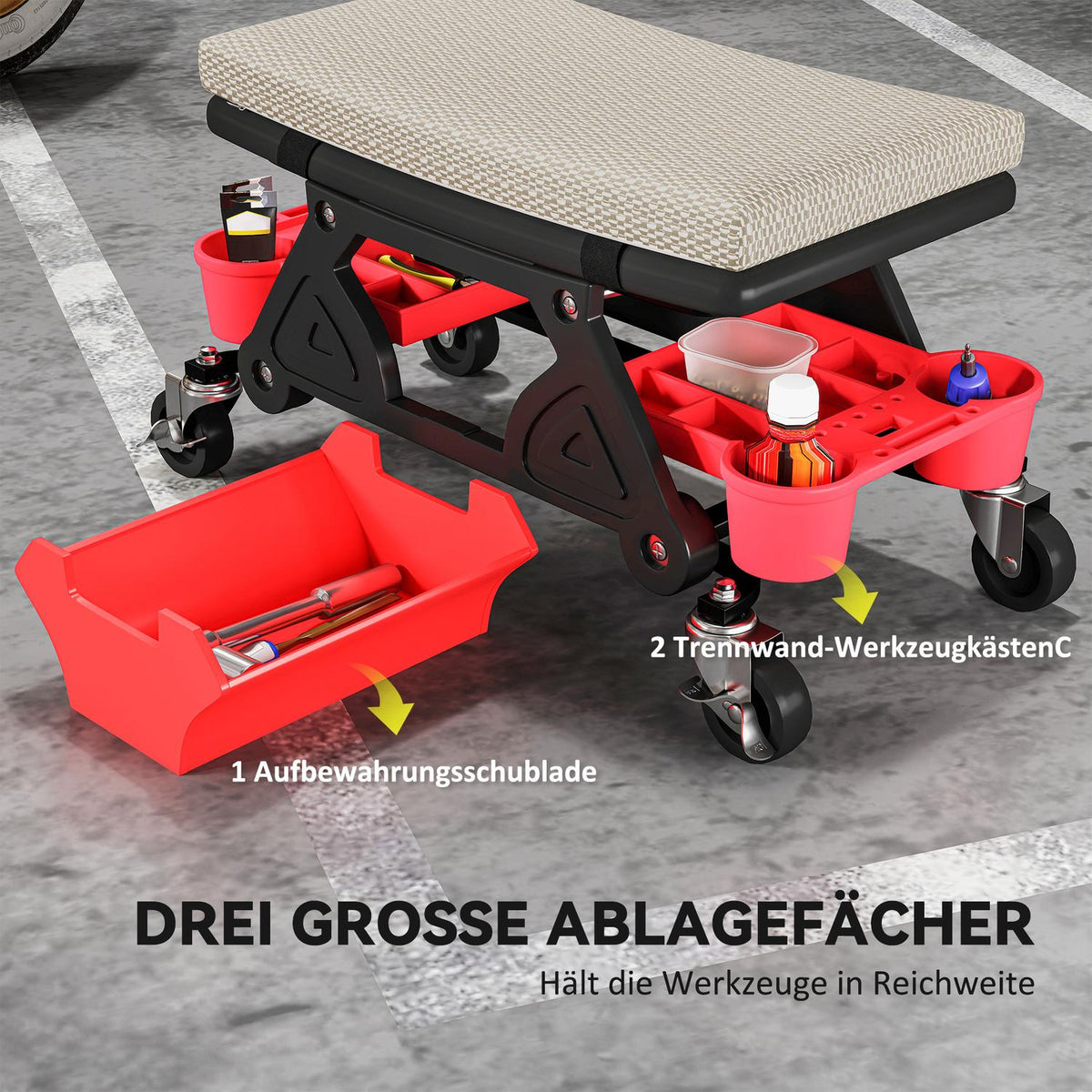 Workshop stool with wheels, storage area 35cm high, rolling stool, load capacity up to 135 kg, grey