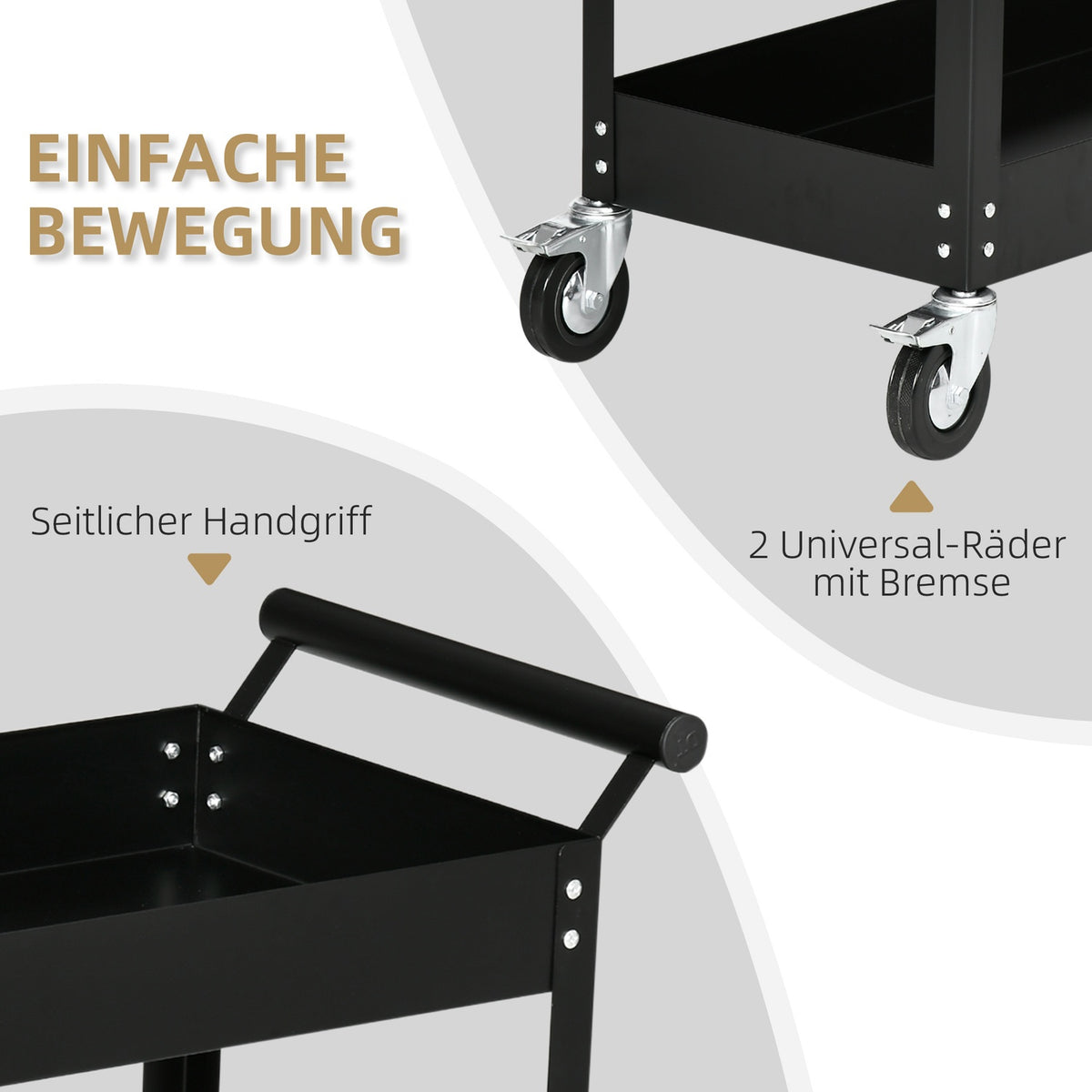 Workshop trolley with 2 levels, empty tool trolley, transport trolley, side handle, 4 wheels, steel, up to 150 kg load capacity, 84.5 x 38 x 84 cm, black