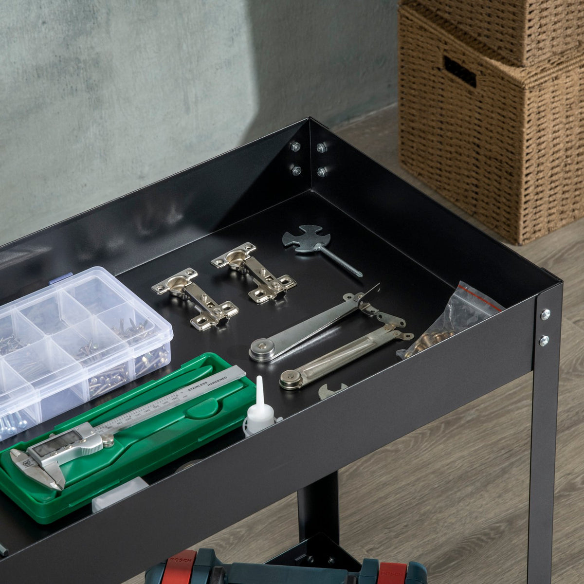 Workshop trolley with 2 levels, empty tool trolley, transport trolley, side handle, 4 wheels, steel, up to 150 kg load capacity, 84.5 x 38 x 84 cm, black