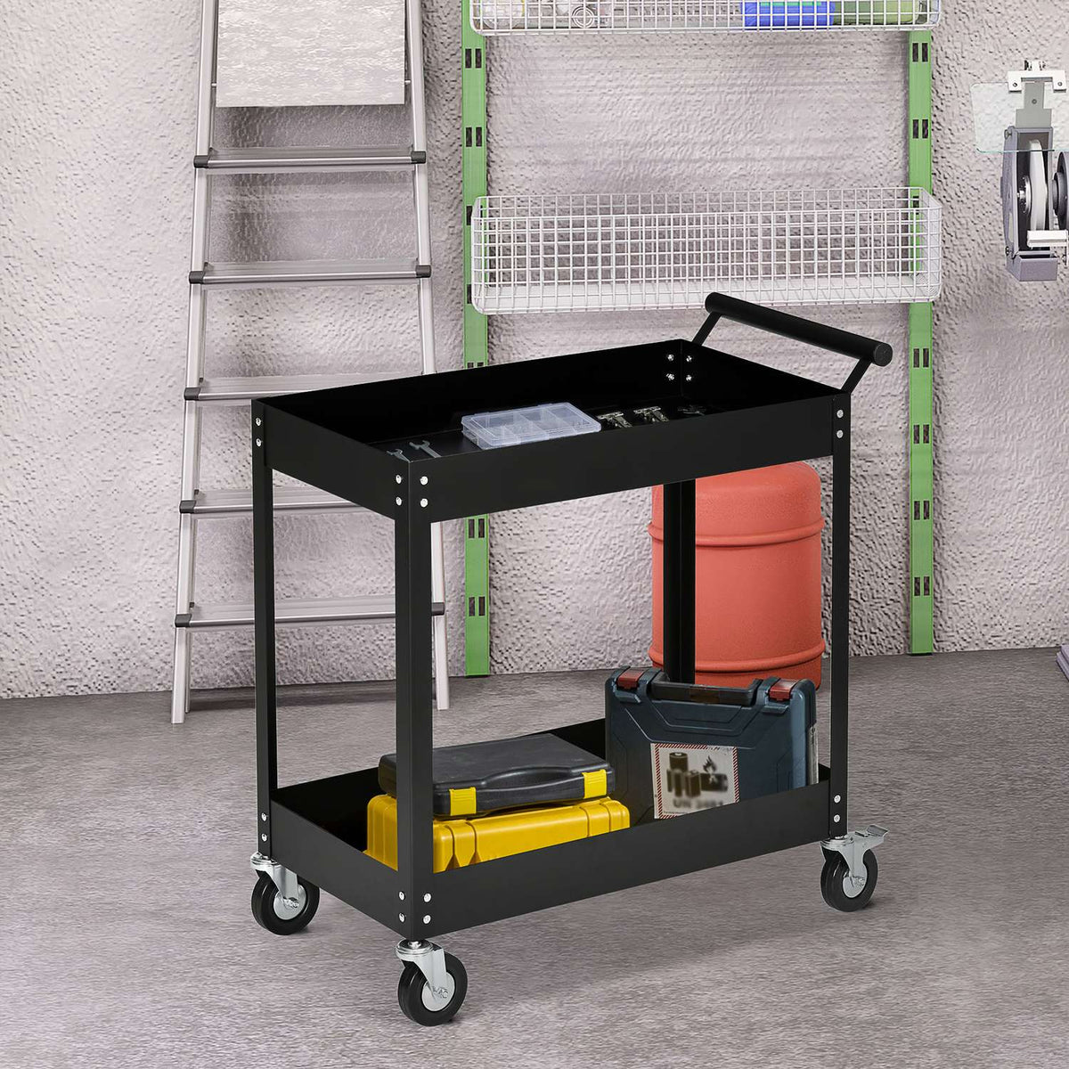 Workshop trolley with 2 levels, empty tool trolley, transport trolley, side handle, 4 wheels, steel, up to 150 kg load capacity, 84.5 x 38 x 84 cm, black