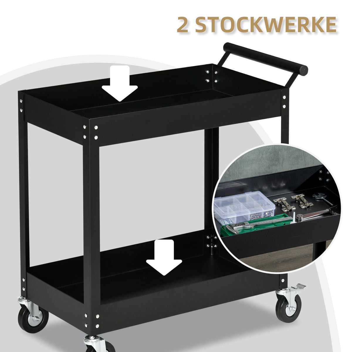Workshop trolley with 2 levels, empty tool trolley, transport trolley, side handle, 4 wheels, steel, up to 150 kg load capacity, 84.5 x 38 x 84 cm, black