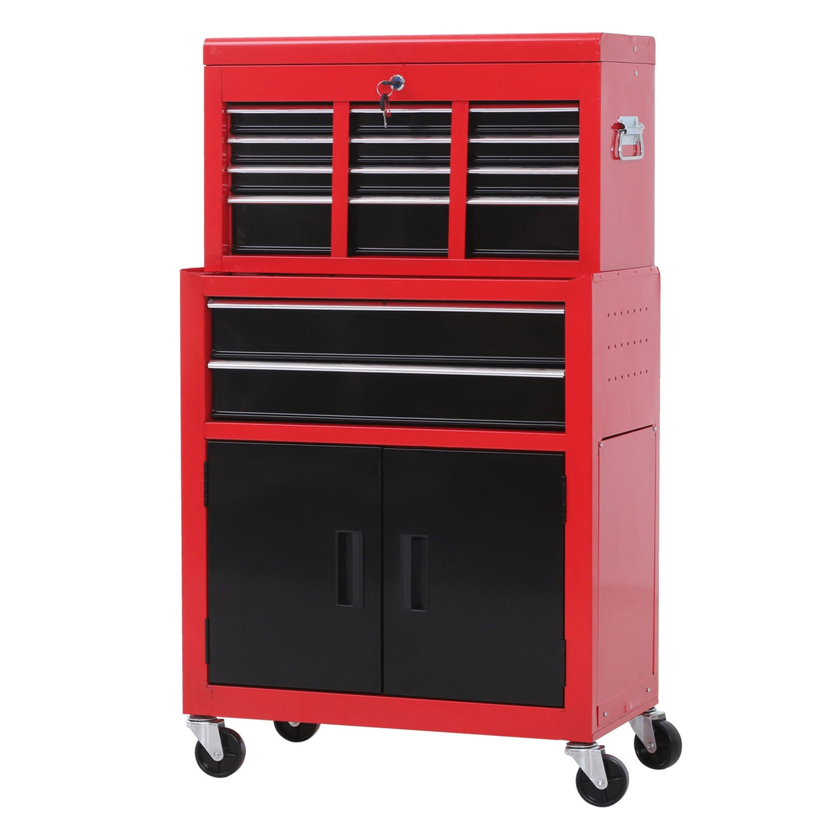 Workshop trolley with tool box Empty tool trolley lockable with 6 drawers, cupboard compartment, anti-slip mats, 2 keys Metal tool cabinet red + black