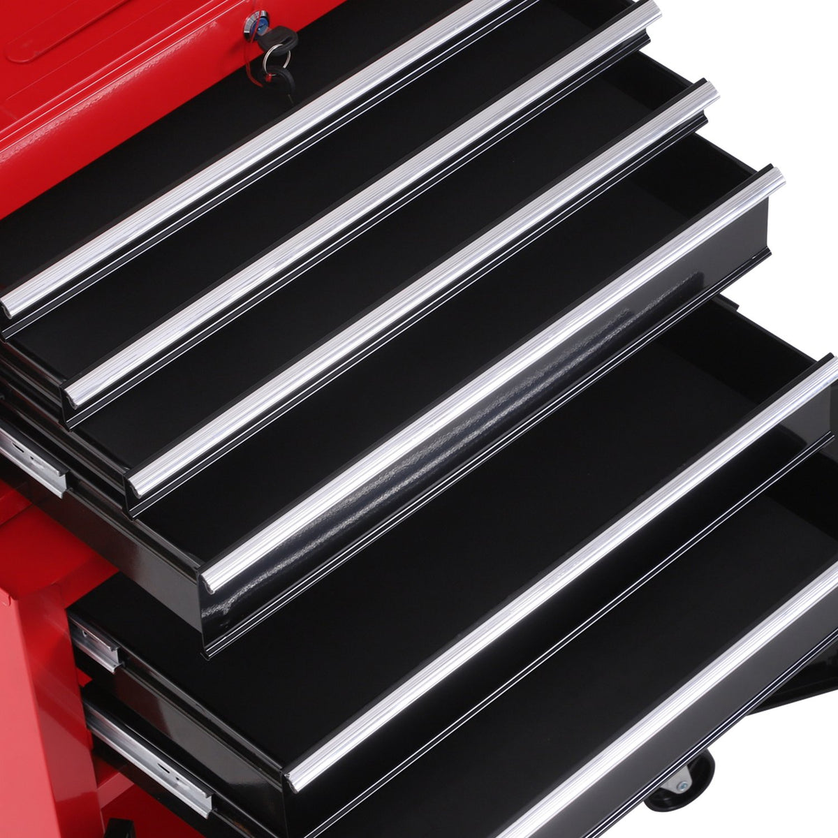 Workshop trolley with tool box Empty tool trolley lockable with 6 drawers, cupboard compartment, anti-slip mats, 2 keys Metal tool cabinet red + black
