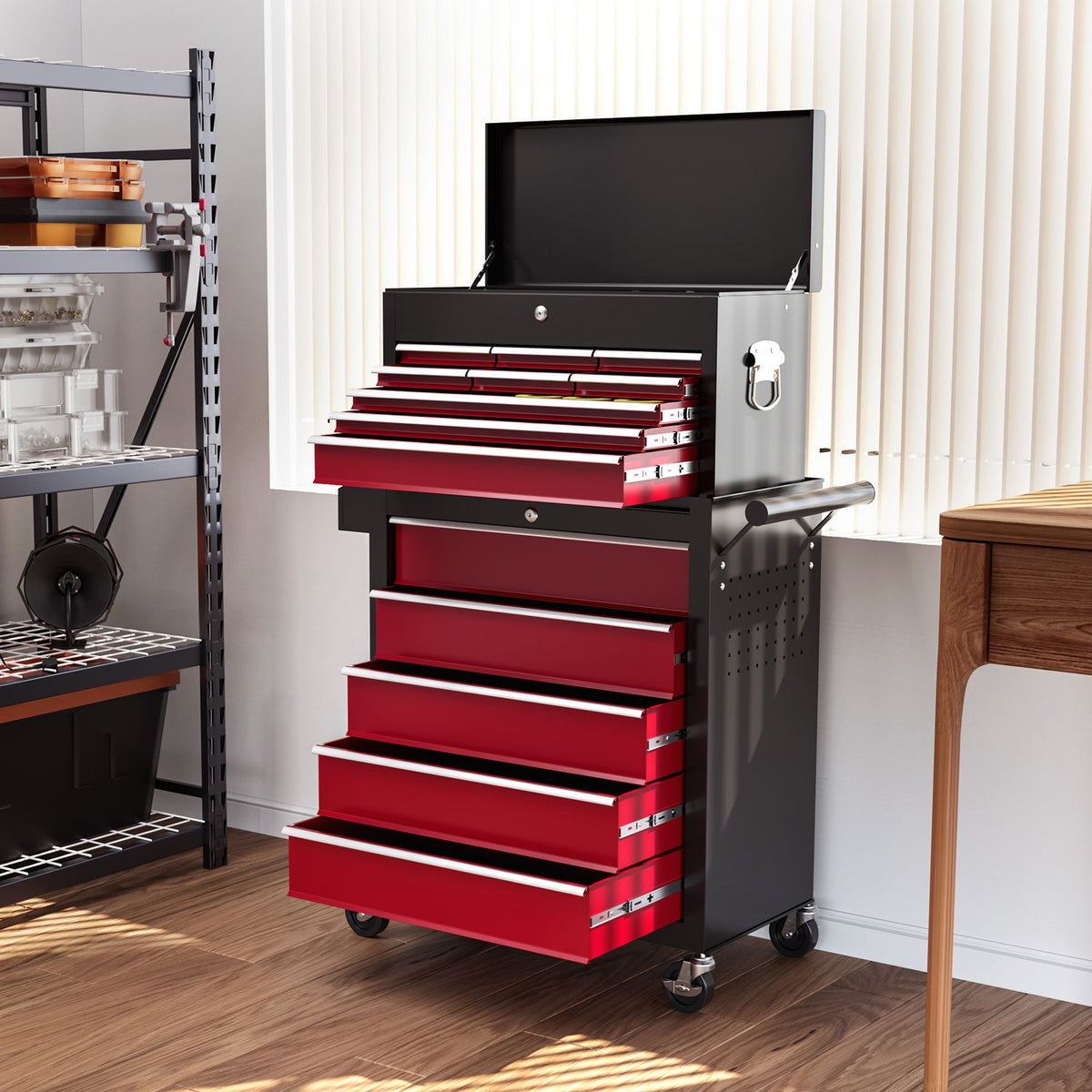 Workshop trolley with wheels, tool trolley with 14 drawers, lockable assembly trolley with side perforated wall, EVA mats, mobile trolley, red