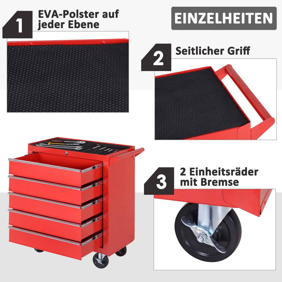Workshop trolley with wheels, tool trolley with 5 drawers, lockable trolley with EVA mat, mobile assembly trolley, max. load 150 kg, steel, red
