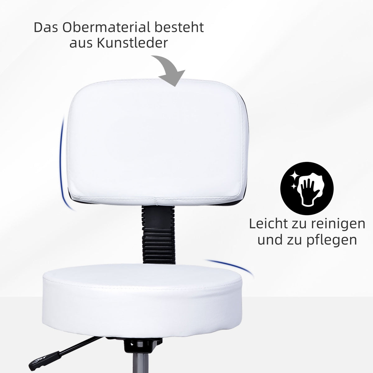 Work stool roll stool swivel stool height adjustable with backrest, office, white, Φ35 x H72-84 cm