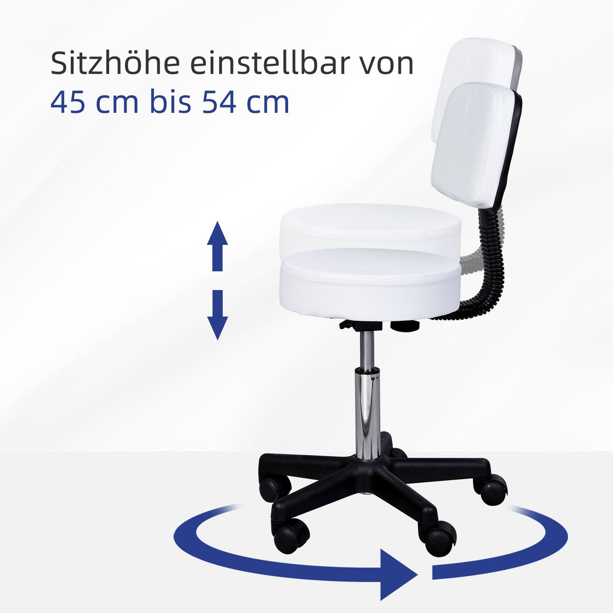 Work stool roll stool swivel stool height adjustable with backrest, office, white, Φ35 x H72-84 cm