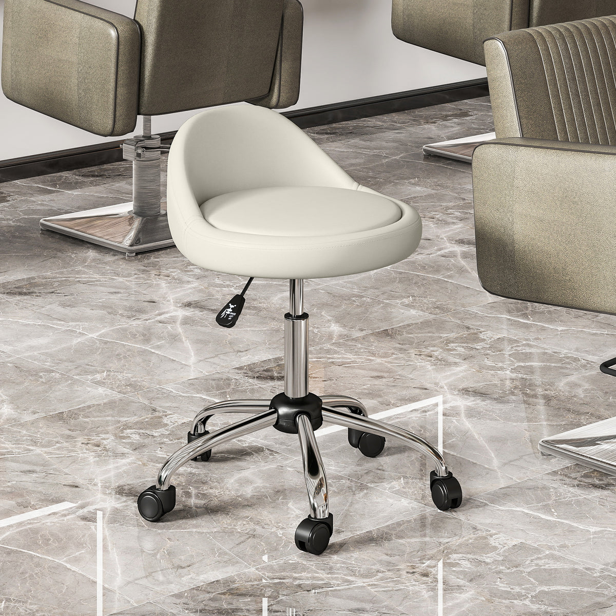 Work stool, swivel stool, rolling stool, height-adjustable, rotating seat, 50 cm x 50 cm x 83 cm, white