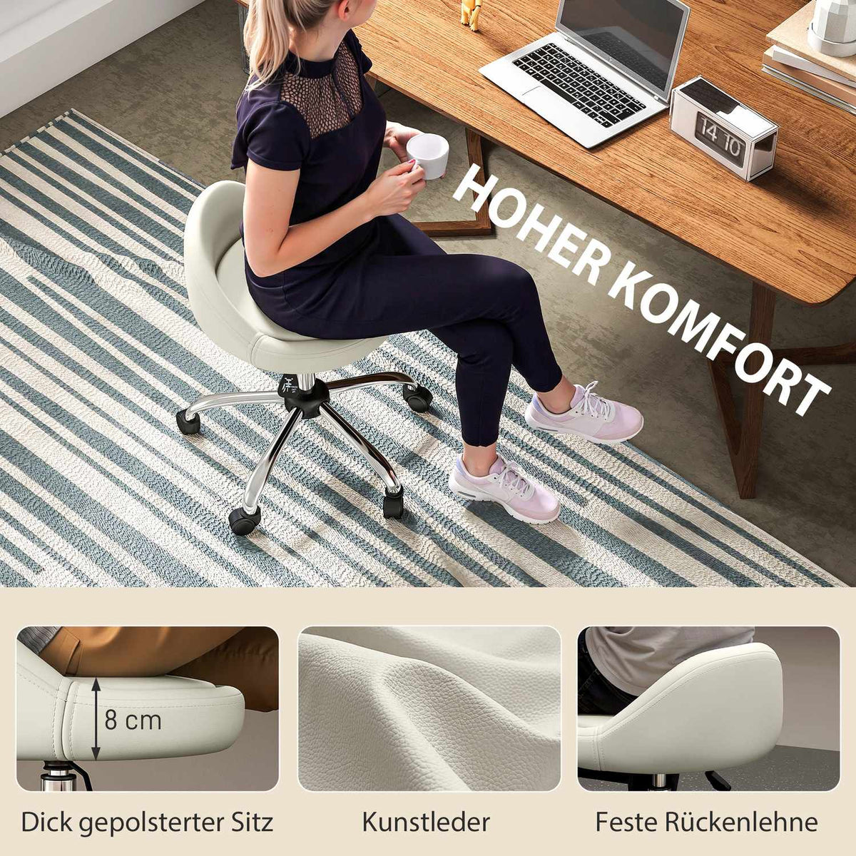 Work stool, swivel stool, rolling stool, height-adjustable, rotating seat, 50 cm x 50 cm x 83 cm, white