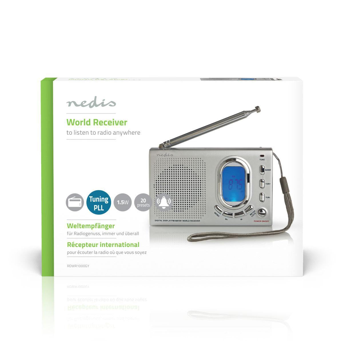 World Radio | Portable design | AM / FM / SW | Battery operated / Power adapter | Digital | 1.5 W| Headphone jack | Alarm clock | Sleep timer | Gray