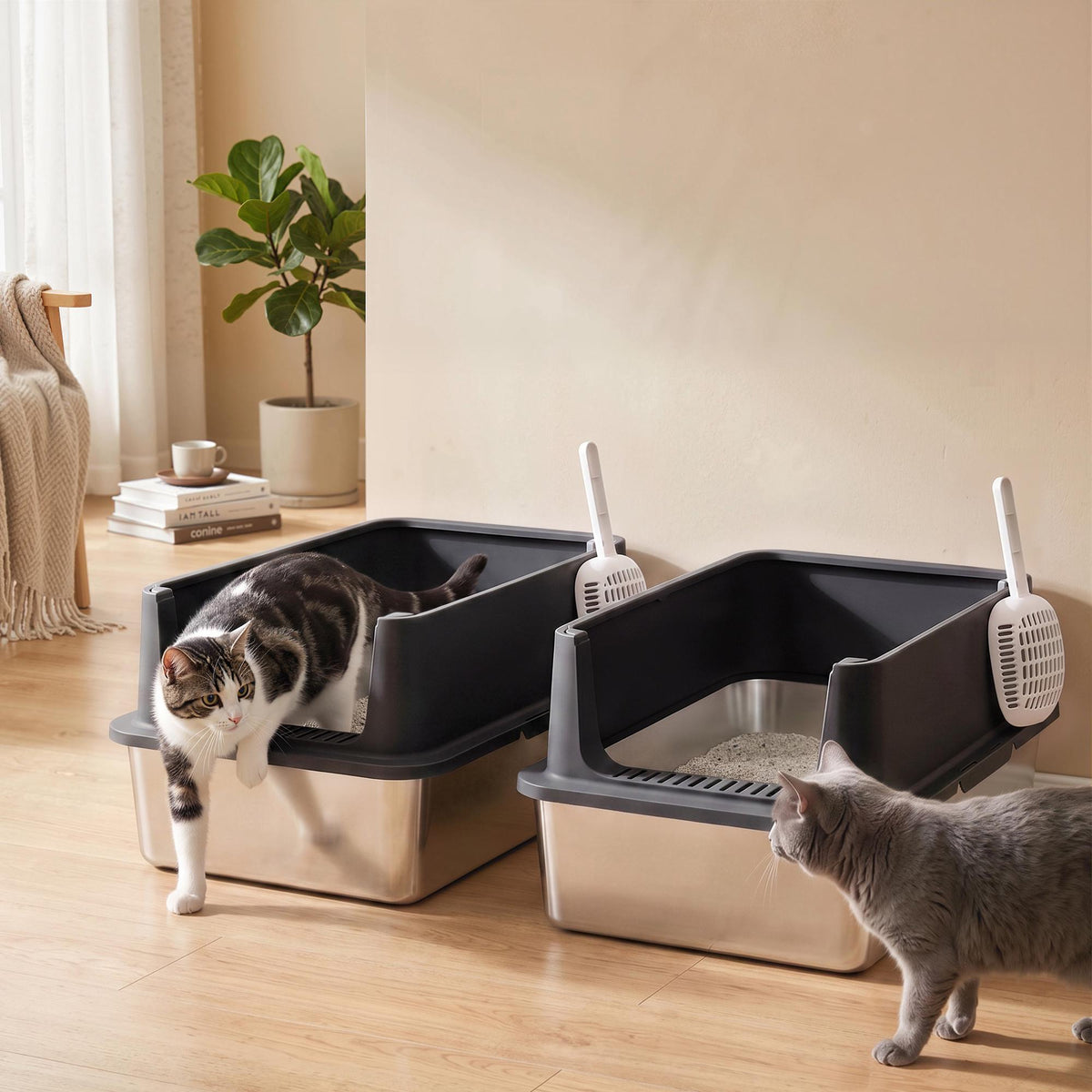 XL Stainless Steel Cat Litter Box Set, High Sides, 60x40x30cm