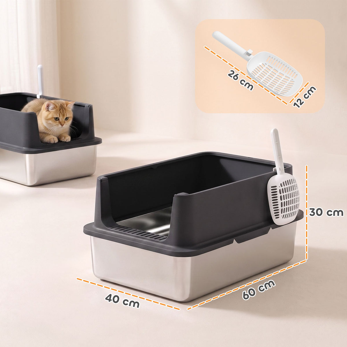 XL Stainless Steel Cat Litter Box Set, High Sides, 60x40x30cm