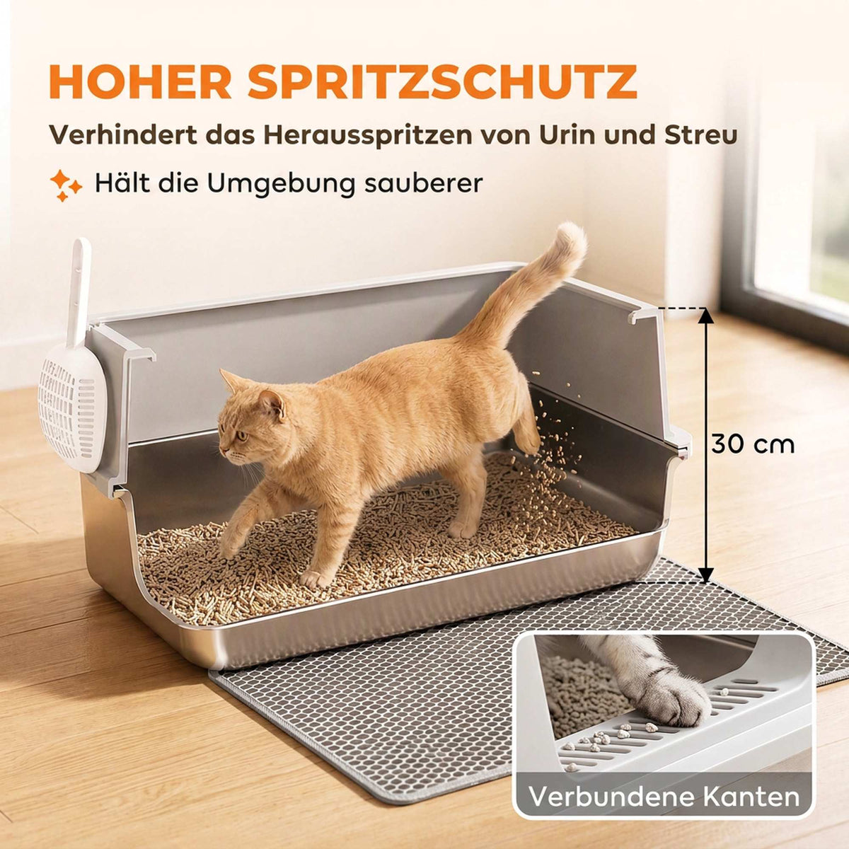 XL Stainless Steel Cat Litter Box with Lid, High Sides, Grey