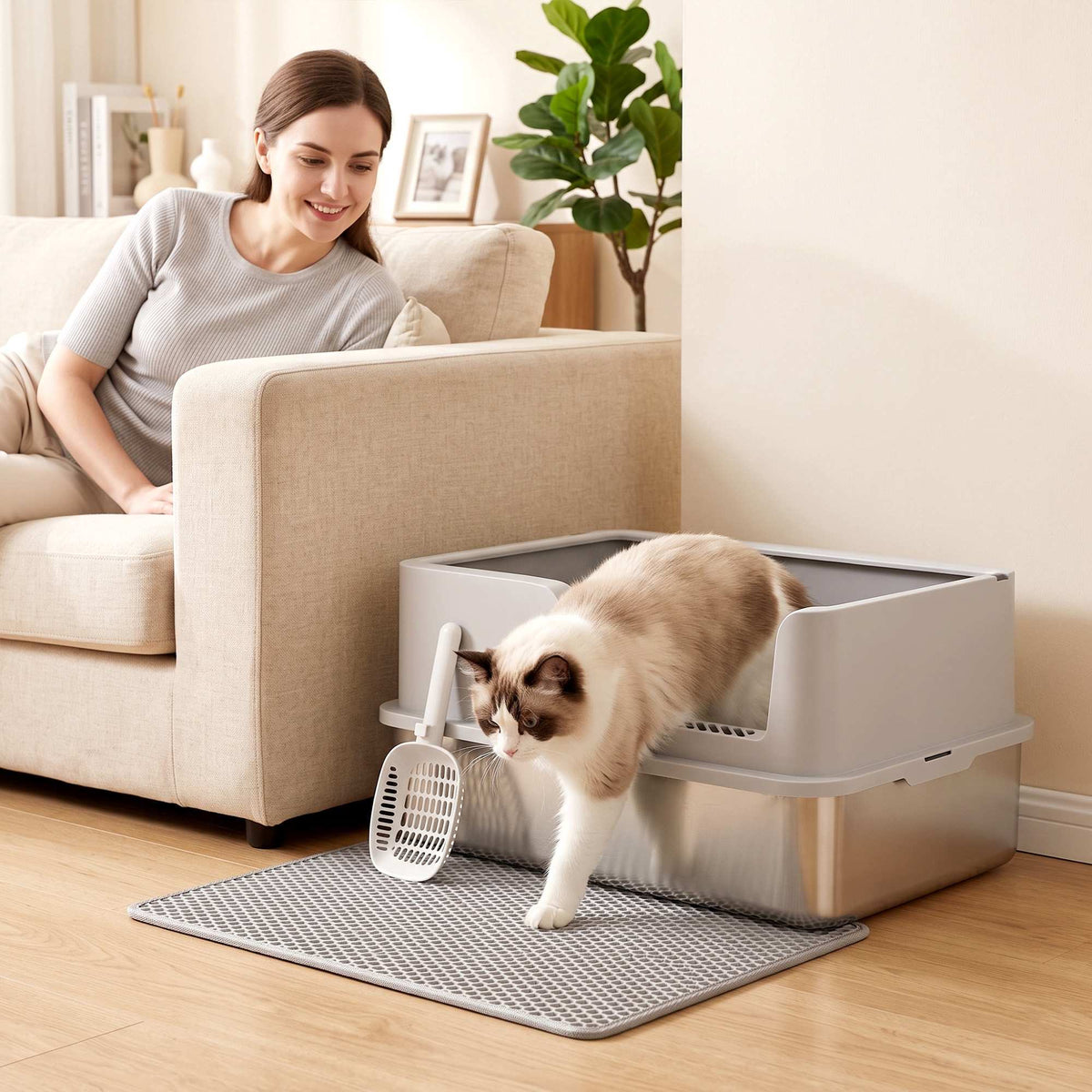 XL Stainless Steel Cat Litter Box with Lid, High Sides, Grey