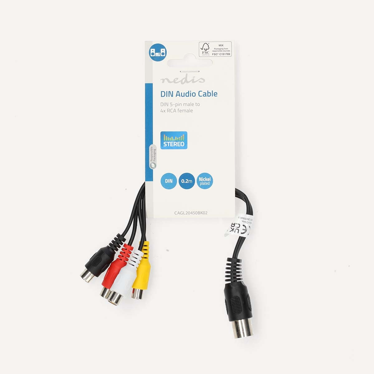 YOUR audio cable | DIN 5-Pin Male | 4x RCA, Female | Nickel Plated | 0.20 m | Round | PVC | Black | Label