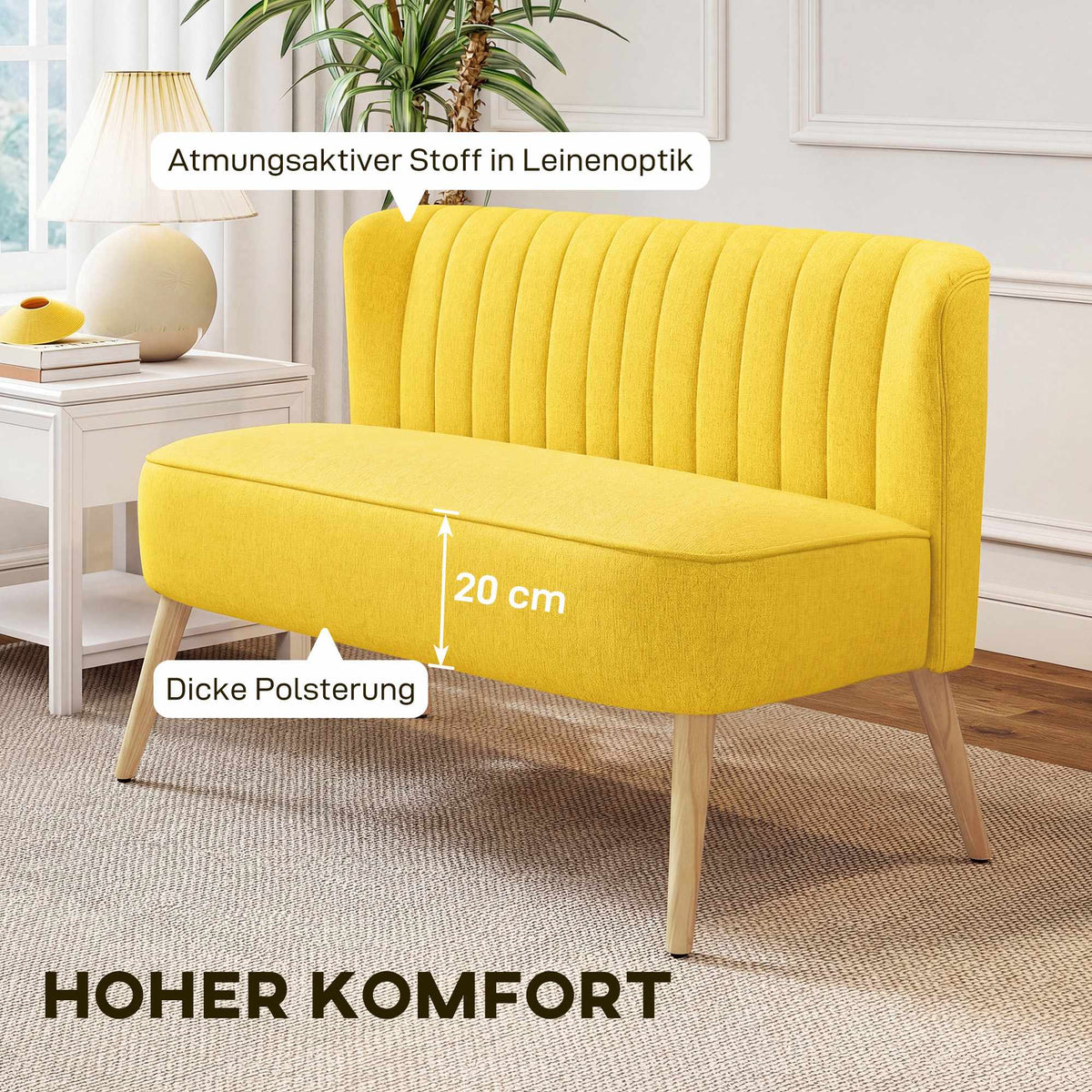 Yellow 2-Seater Sofa, Foam & Linen, Compact Design