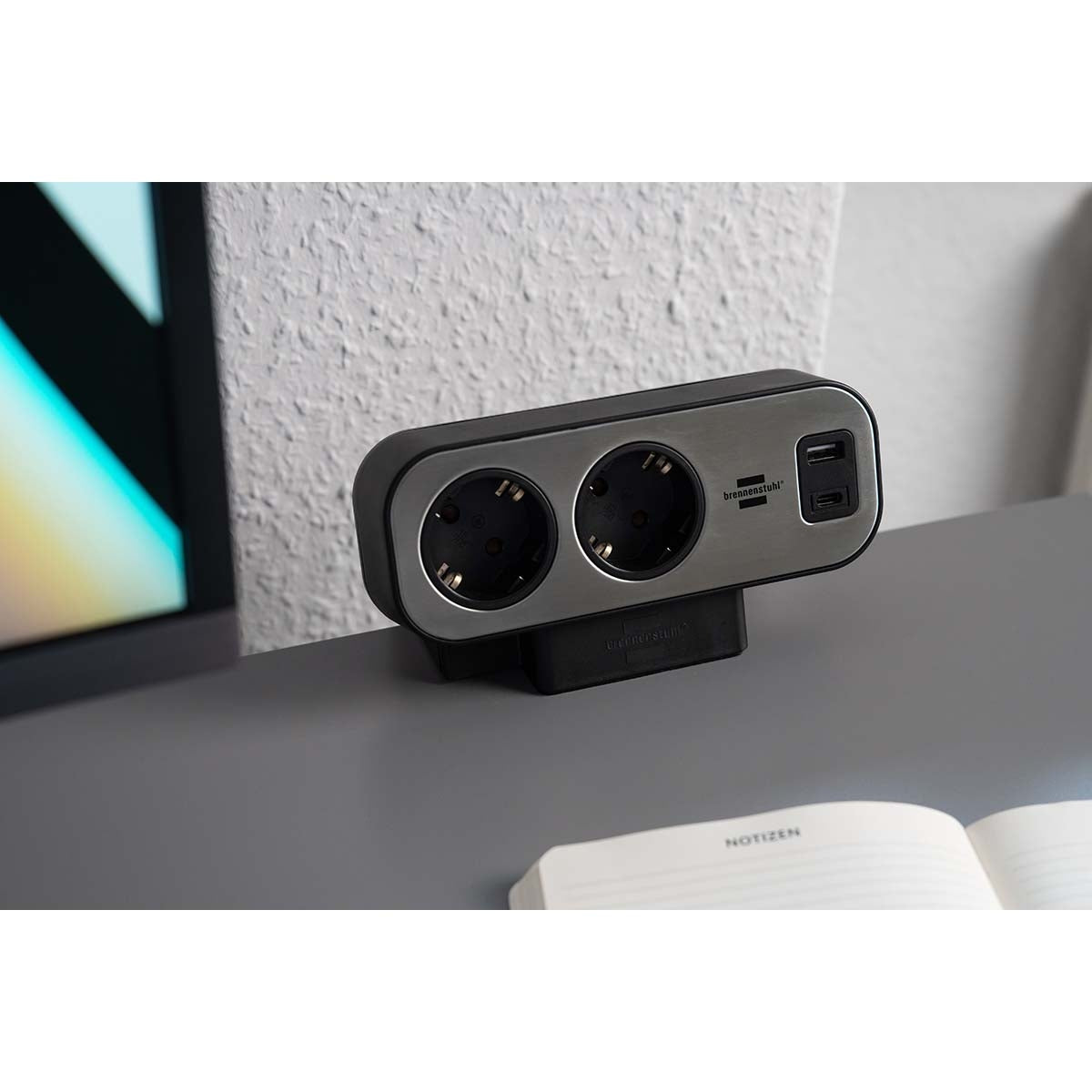 brennenstuhl®estilo Duplex power strip, 1x USB C, 1x USB A, 10x safety sockets, silver/black