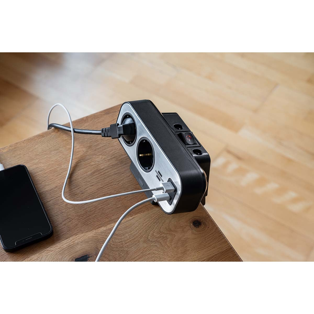 brennenstuhl®estilo Duplex power strip with surge protection, 1x USB C, 1x USB A, 9x sockets, silver/black